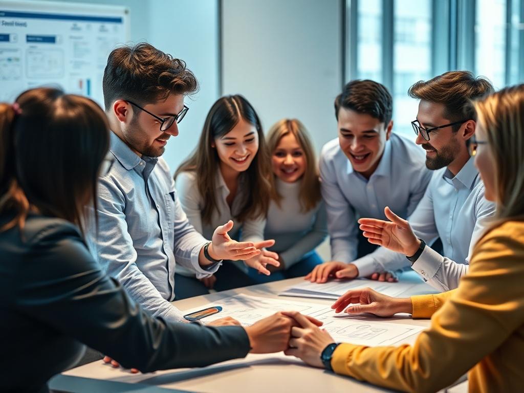 A group of employees engaged in an interactive training session, with visual aids and materials displayed around them. The image highlights enthusiasm and participation, shot with a 45mm f/1.2 lens style, integrating rgb(50, 170, 39) in the training materials.