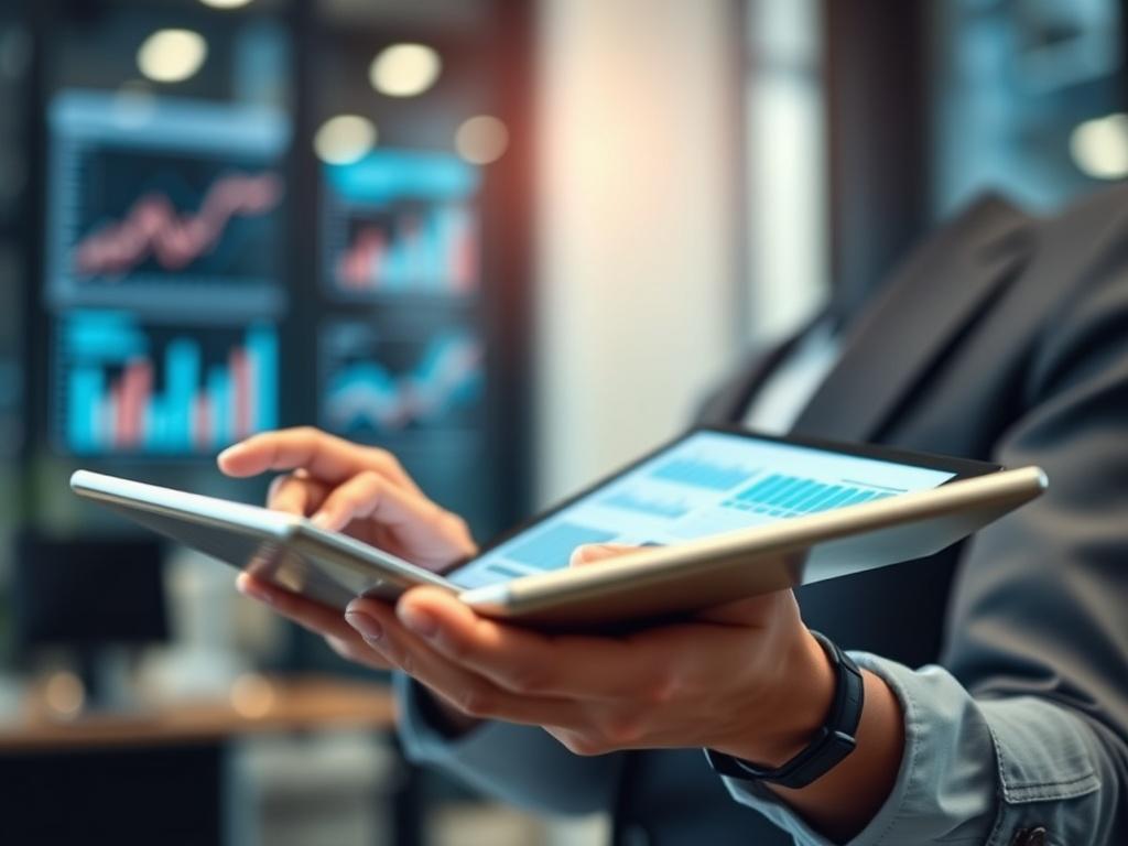 A close-up shot of a business professional analyzing data on a digital tablet, with charts and graphs visible on the screen. The background is blurred, emphasizing the subject. The image is shot with a 45mm f/1.2 lens style, with the primary color rgb(50, 170, 39) subtly integrated into the environment.