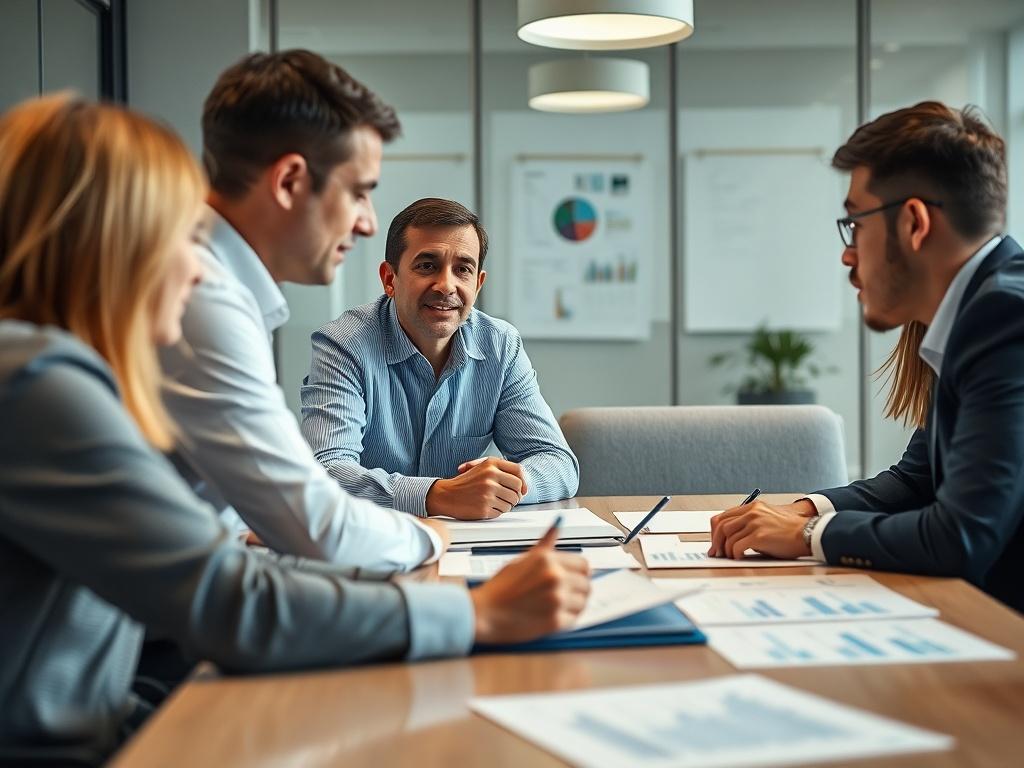 A professional consultant engaging in a discussion with a business team, surrounded by charts and compliance documentation on a conference table. The image captures a focused and collaborative atmosphere, shot with a 45mm f/1.2 lens style, incorporating the rgb(50, 170, 39) color scheme subtly in the room.