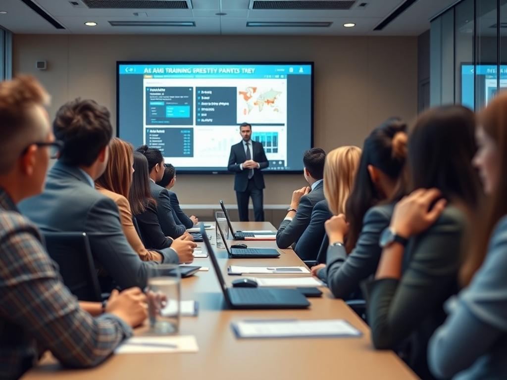 A hyper-realistic image of a diverse group of professionals engaged in an AML training session, attentively listening to a speaker at the front. The setting should be a modern conference room with a large screen displaying AML-related content, captured in sharp focus with a 45mm f/1.2 lens.