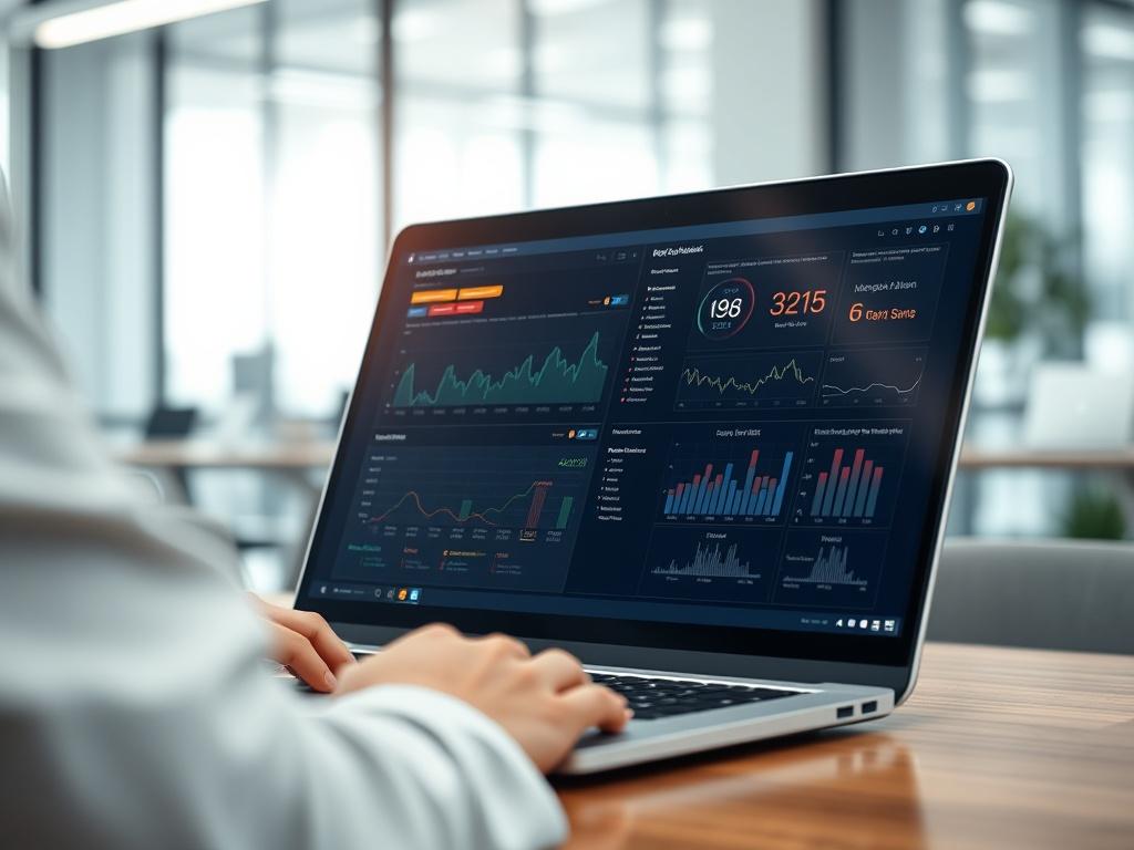 A hyper-realistic image of a user interacting with AML compliance monitoring software on a laptop, with data visualizations and alerts displayed on the screen. The background should depict a modern office environment, ensuring focus on the laptop screen, captured with a 45mm f/1.2 lens.
