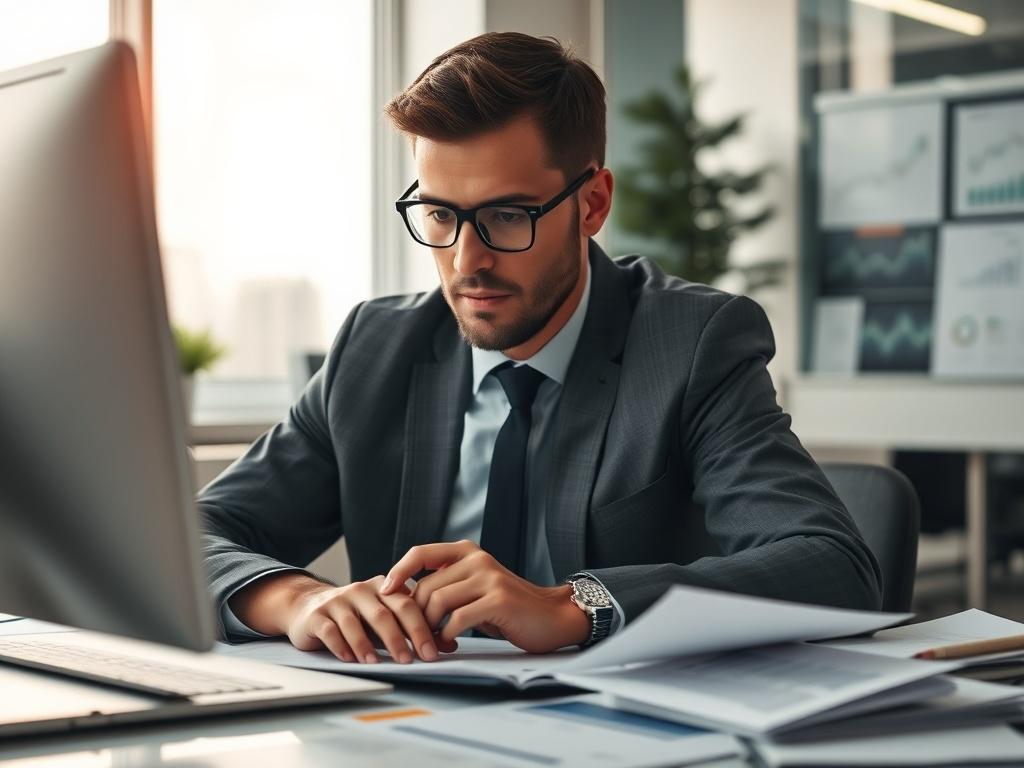 A hyper-realistic image of a financial consultant analyzing data on a computer screen, surrounded by documents and financial charts, with a soft-focus background of an office environment. The shot is composed to highlight the consultant's focused expression and detailed graphs on the screen, captured with a 45mm f/1.2 lens.