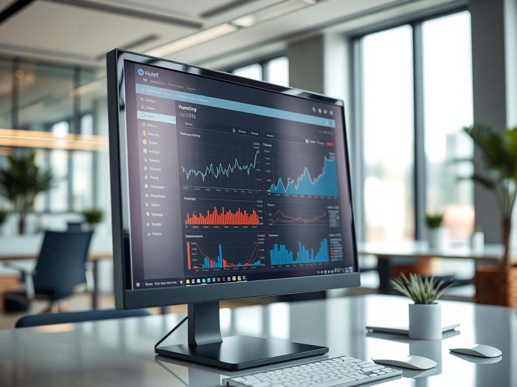 A close-up shot of a computer screen displaying transaction monitoring software, with graphs and alerts visible. The setting should be a sleek office with modern decor, the focus should be on the screen, showcasing the details of the software. The lighting should be bright and professional, emphasizing the technology in use.