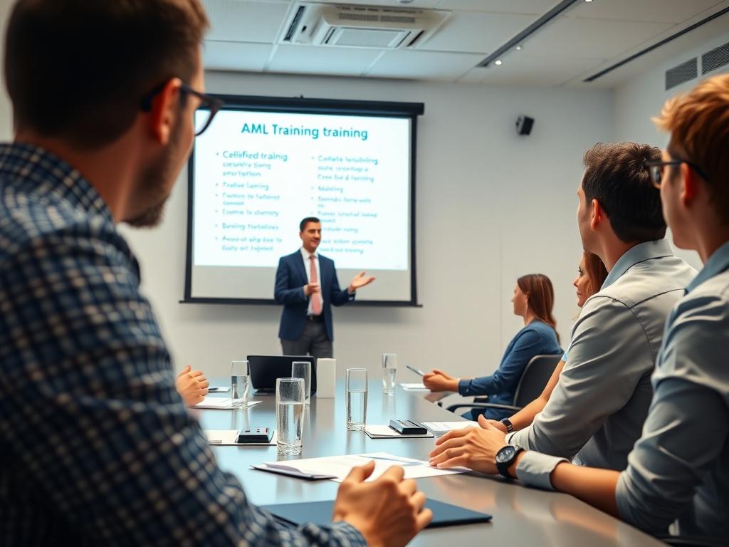 A close-up shot of a trainer leading an AML training session, with participants actively engaged. The setting should be a modern conference room, with a projector displaying key points from the training. The lighting should be bright, creating an inviting atmosphere for learning.
