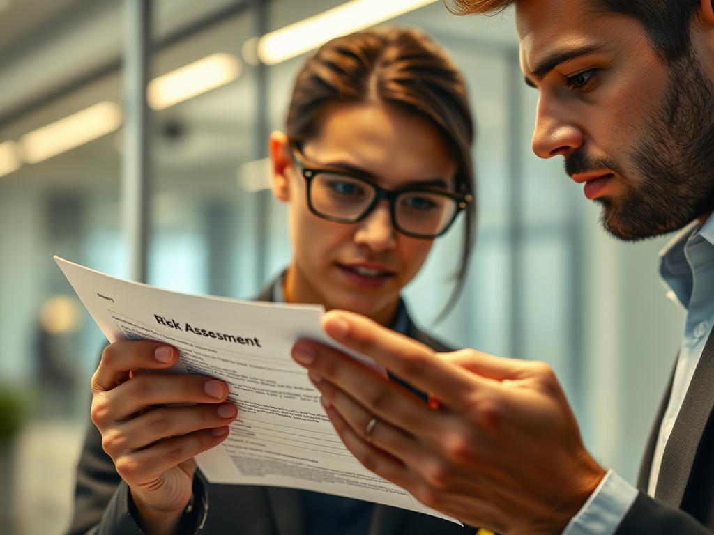 A close-up shot of a professional consultant reviewing a risk assessment document, with a focused expression. The background should be a modern office environment, subtly blurred to keep the attention on the consultant and the document. The lighting should be warm and inviting, highlighting the details on the document and the consultant's features.