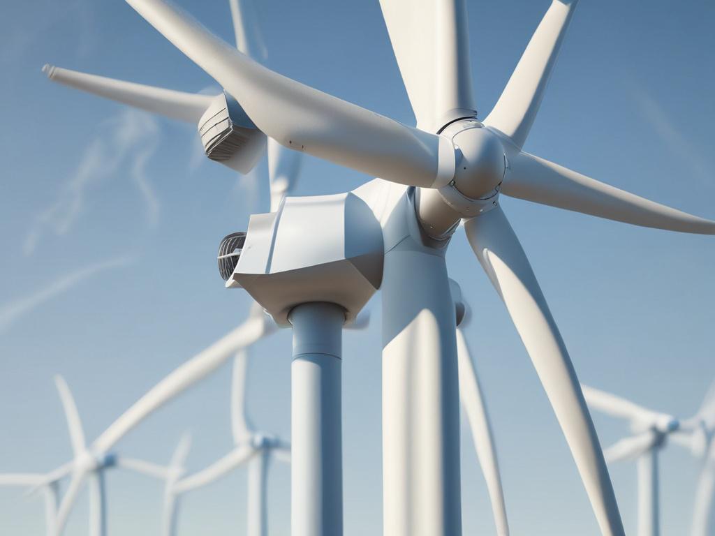 A hyper-realistic close-up shot of a wind turbine against a clear blue sky, showcasing the intricate details of the turbine blades and supporting structure. The image should emphasize the technology and innovation in the energy sector, with a vibrant color palette featuring shades of blue and green that align with the rgb(40, 93, 225) primary color. The background should be simple and uncluttered, focusing on the turbine as the central subject.