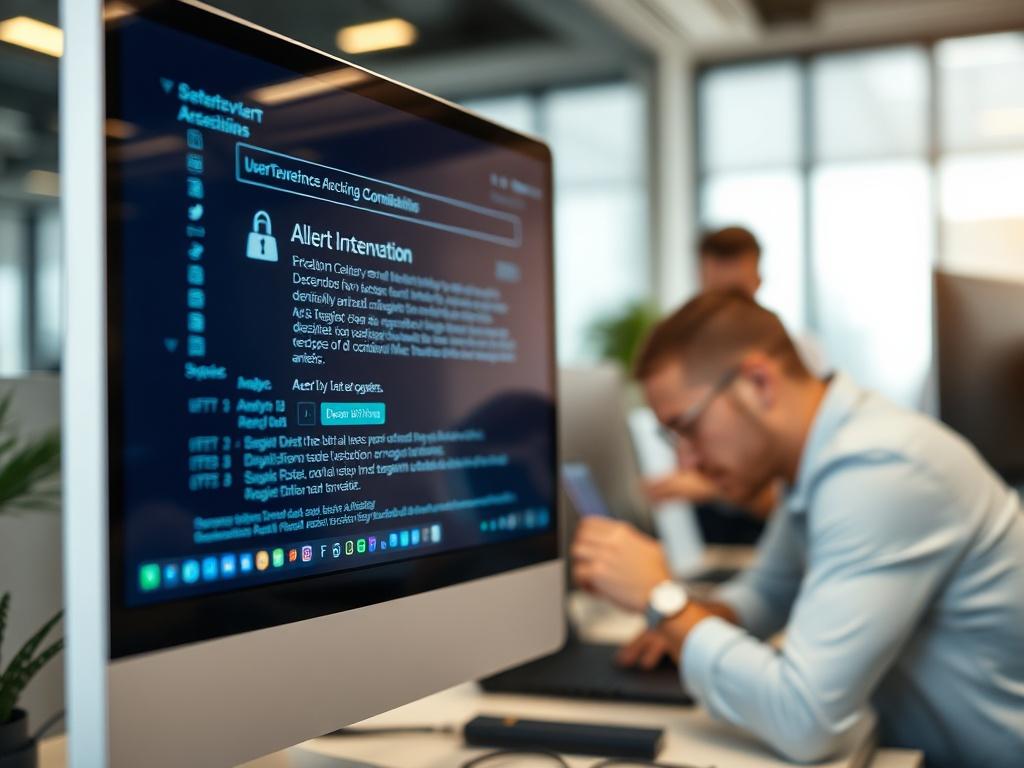 A close-up shot of a computer screen displaying a cybersecurity alert, with a professional in the background engaged in a cybersecurity analysis. The image should evoke a sense of urgency and importance in safeguarding digital assets, with a modern office setting.