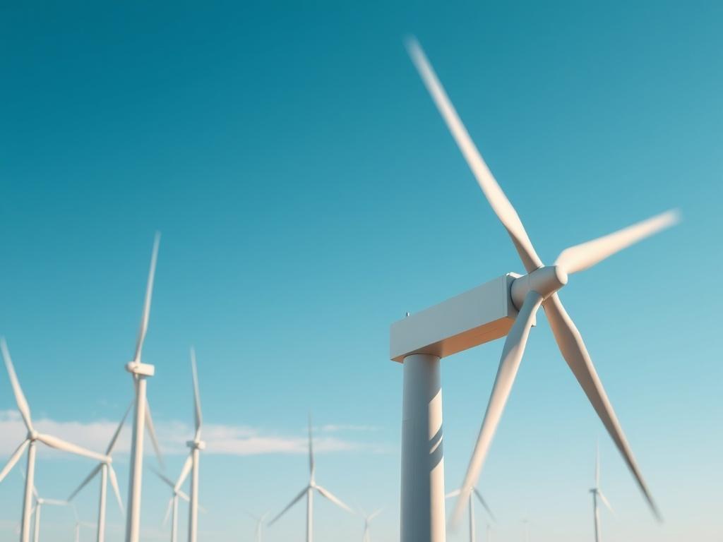 A high-resolution image of a wind farm with turbines spinning against a bright blue sky. The scene conveys the importance of energy sector protection, showcasing renewable energy sources. The focus should be on one turbine in detail, emphasizing innovation in energy projects.
