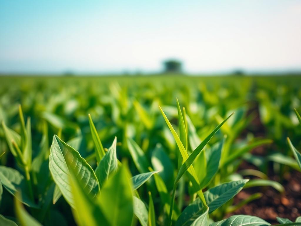 A close-up shot of a healthy, thriving crop field in an emerging market, showcasing vibrant green plants with a clear blue sky in the background. The image should capture details of the crops, highlighting their healthy growth, while maintaining a focus on one specific crop type. The composition should be simple and clear, with a soft focus on the background to emphasize the crop in the foreground. The overall tone should reflect a sense of growth, resilience, and sustainability, compatible with the #062767
