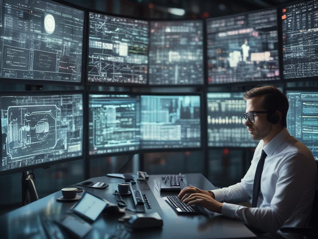 A close up of a cybersecurity analyst intently monitoring multiple