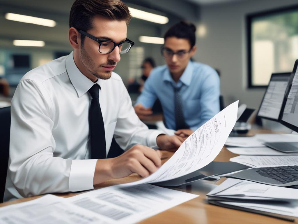 A close up of a claims specialist reviewing documents and