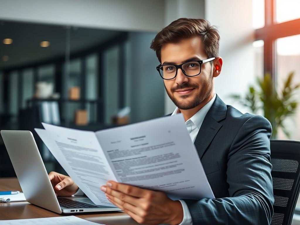 A close-up shot of a confident business professional reviewing liability insurance documents in a modern office setting. The background should feature a sleek desk with a laptop and industry-related materials. The focus should be on the professional's expression of assurance and the details of the documents, creating a sense of trust and professionalism. The image should reflect a hyper-realistic style, shot with a 45mm f/1.2 lens, ensuring clarity and depth.