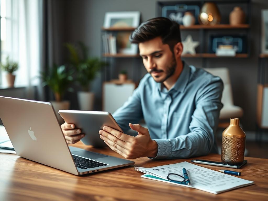 A close-up shot of a business professional sitting at a desk, reviewing a cyber insurance policy on a tablet. The setting features modern office decor with a focus on digital security elements, such as a laptop with security software open, and a notepad with cybersecurity notes. The background should be softly blurred to emphasize the subject, while incorporating the #062767 color scheme in decorative elements.