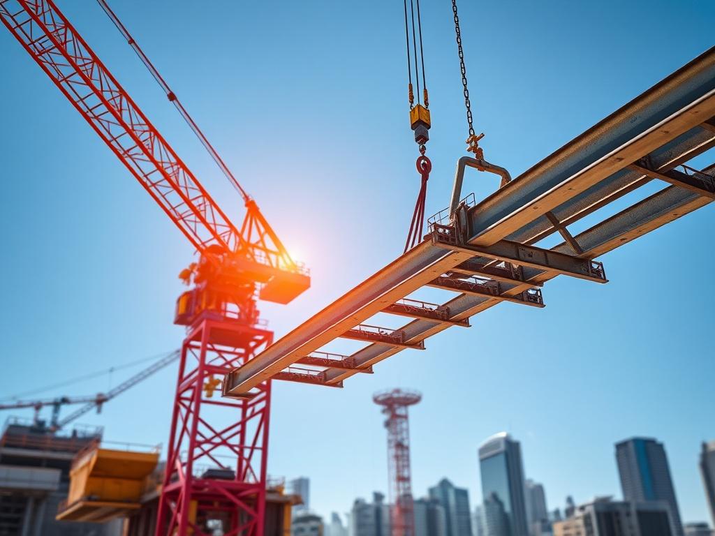A close-up shot of a construction site with heavy machinery, showcasing a crane lifting steel beams against a clear blue sky. The focus is on the machinery and the structural elements being assembled, with a blurred background of the city skyline. The image should have a hyper-realistic quality, featuring vibrant colors that harmonize with the #062767 primary color theme of Aurelian Re's branding.