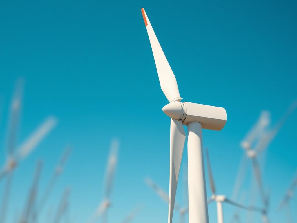 A hyper-realistic close-up shot of an energy facility, showcasing a wind turbine in the foreground with a bright blue sky in the background. The turbine should be prominently displayed to emphasize the renewable energy sector. The image should capture the intricate details of the turbine's blades and structure, with the vibrant colors of nature surrounding it. The composition should be simple, clear, and focused, conveying a sense of innovation and sustainability.