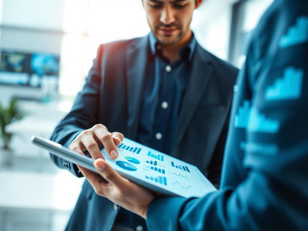 A hyper-realistic close-up shot of a modern insurance professional analyzing data on a digital tablet, surrounded by graphs and metrics. The background is a sleek, minimalist office setting with a focus on technology and innovation. The color palette features shades of blue (compatible with #062767), emphasizing the theme of advanced insurance solutions.