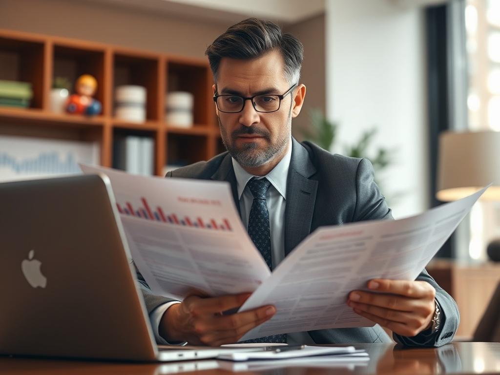 A hyper-realistic close-up shot of a modern office setting, showcasing a business professional analyzing documents related to commercial crime insurance. The subject is focused and determined, surrounded by high-quality office furnishings. The background subtly highlights elements such as a laptop and financial charts, all rendered in a warm, inviting color palette that complements the #062767 primary color.