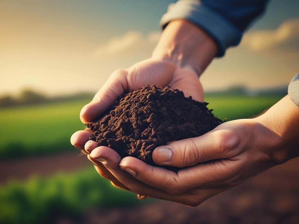 A close-up shot of a farmer holding a handful of soil, showcasing the richness and vitality of the land. The background features lush green fields under a bright blue sky, emphasizing growth and potential. The image should be hyper-realistic, captured with a 45mm f/1.2 lens style, creating a warm and inviting atmosphere. The primary color of the image should harmonize with rgb(40, 93, 225), enhancing the overall appeal.