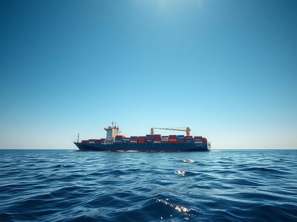 A hyper-realistic close-up shot of a cargo ship navigating through calm waters under a clear blue sky. The ship is prominently displayed, showcasing its size and structure, with containers stacked securely on deck. The background features gentle waves reflecting sunlight, creating a serene maritime atmosphere. The composition focuses solely on the ship, emphasizing its importance in marine operations, with a color palette that aligns with #062767.