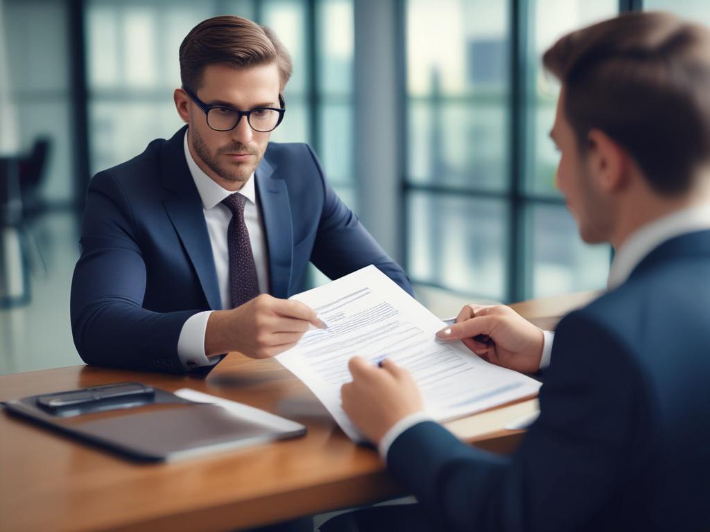 A close-up shot of a confident business professional reviewing liability documents in a modern office setting. The background should be softly blurred, highlighting the subject in sharp focus. The professional is dressed in business attire, displaying a sense of assurance and expertise. Natural light filters in through a window, creating a warm and inviting atmosphere. The color palette should include the primary color rgb(40, 93, 225) to complement the branding of Aurelian Re.