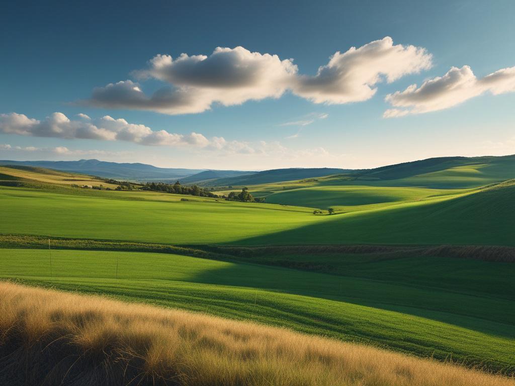 A close-up shot of a serene landscape, showcasing a clear blue sky and lush green fields, emphasizing clarity and nature. The image should be hyper-realistic, with vibrant colors, focusing on the beauty of nature to convey a sense of peace and trust.