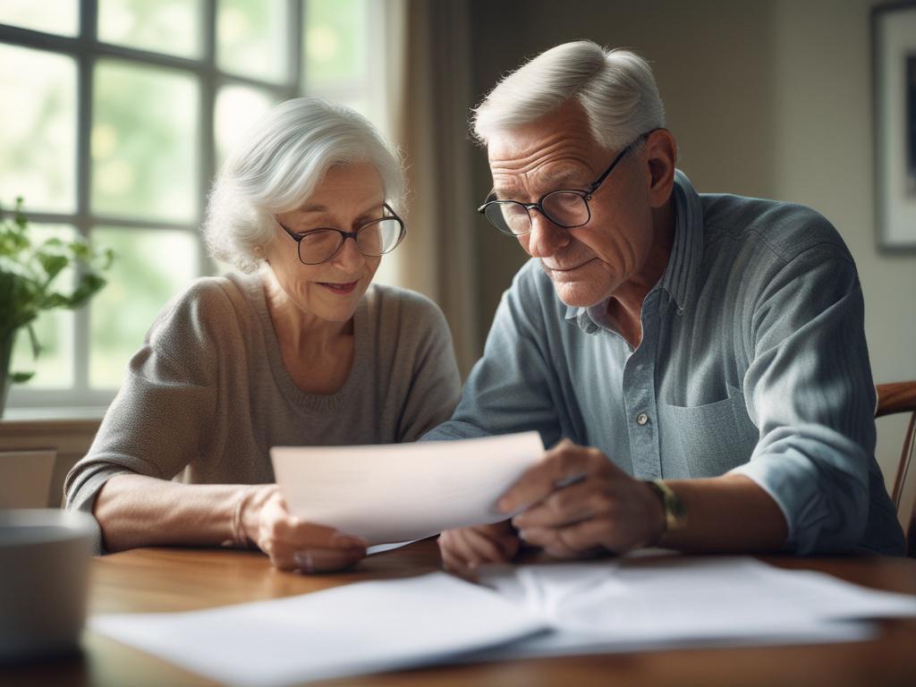 A serene close up of an older couple reviewing their