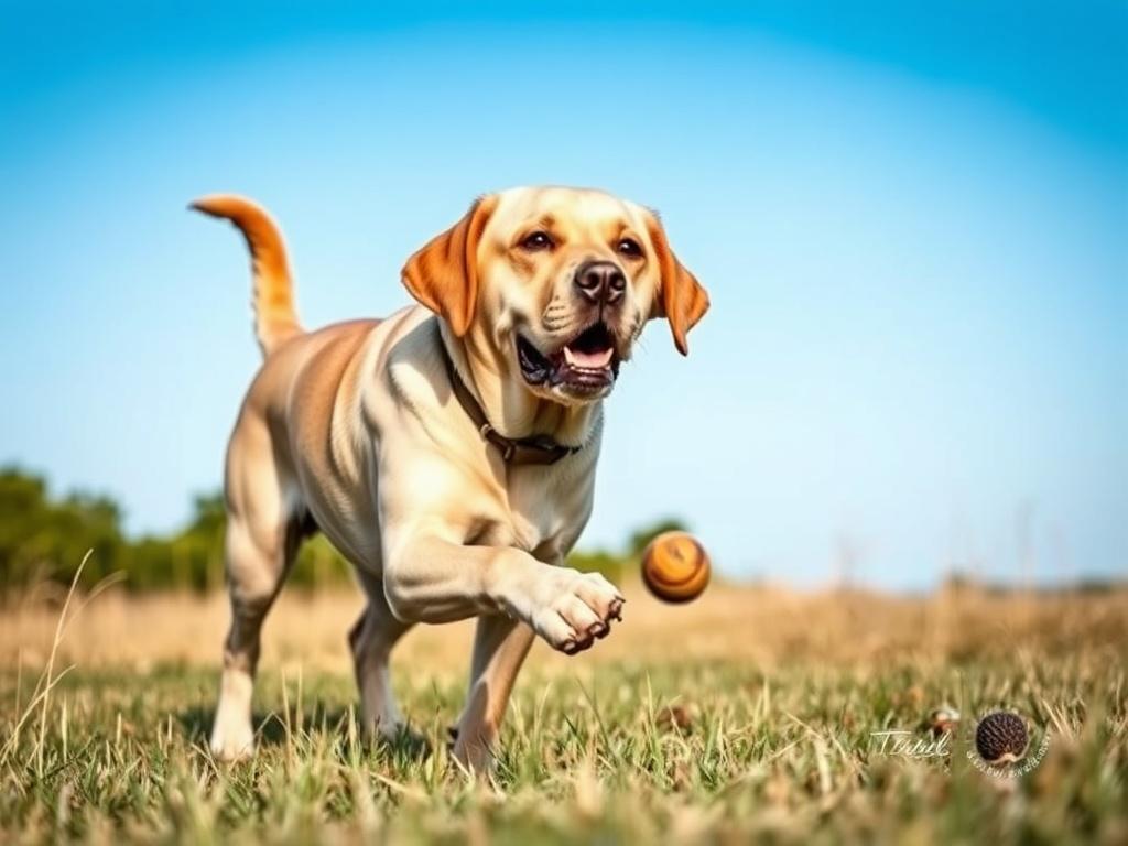 A focused Labrador in training, demonstrating its retrieving skills in an open field setting. The background showcases lush greenery and a clear blue sky, emphasizing an outdoor training environment.