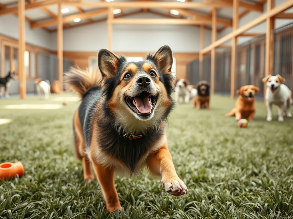 A lively dog playing in a spacious boarding facility, surrounded by other happy dogs. The setting is bright and cheerful, with soft grass and colorful toys, creating a welcoming atmosphere for pets.