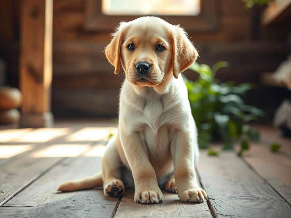 A beautiful, healthy Labrador puppy sitting on a rustic wooden floor, with natural light illuminating its fur. The background features earthy textures, such as wooden beams and soft green plants, to evoke a warm, inviting atmosphere.