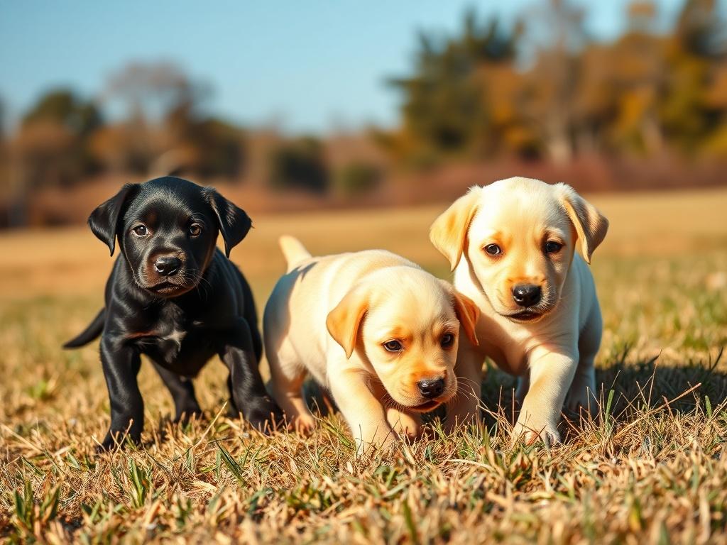 A close-up shot of adorable Labrador puppies playing in a grassy field. The puppies are varying shades of yellow and black, with bright, curious eyes. The background features a blurred landscape of trees and a clear blue sky, creating a warm and inviting atmosphere. The focus is on the playful interaction between the puppies, showcasing their energy and charm.