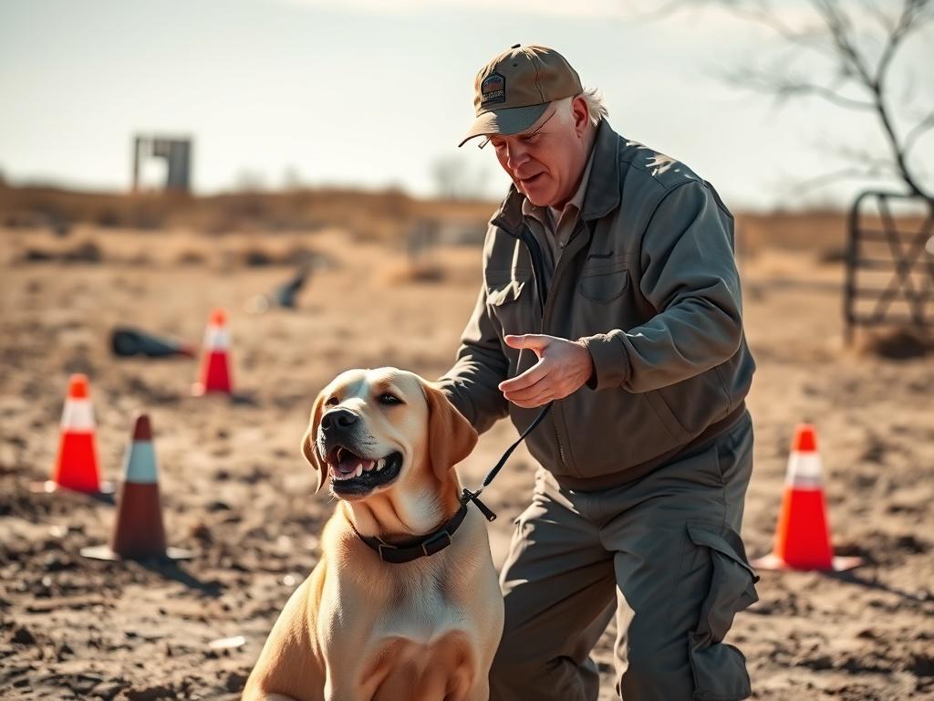 An action shot of a skilled dog trainer working with a Labrador Retriever in a training session. The trainer, a middle-aged man wearing a cap, is demonstrating a command while the dog attentively listens. The scene is set in an outdoor training area with cones and obstacles around, under a sunny sky. This image captures the bond between trainer and dog, emphasizing the importance of training in developing a well-behaved hunting companion.