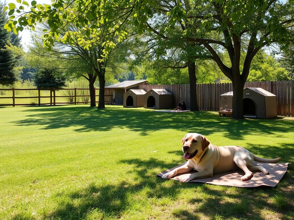 A serene view of Spencer's Appalachian Labradors' dog boarding facility. The spacious outdoor area is filled with lush grass, shaded trees, and comfortable dog shelters. A few Labradors are seen lounging happily in the sun. The background shows a rustic wooden fence and a clear, sunny sky, conveying a safe and welcoming environment. This image highlights the quality of care and comfort provided during boarding.