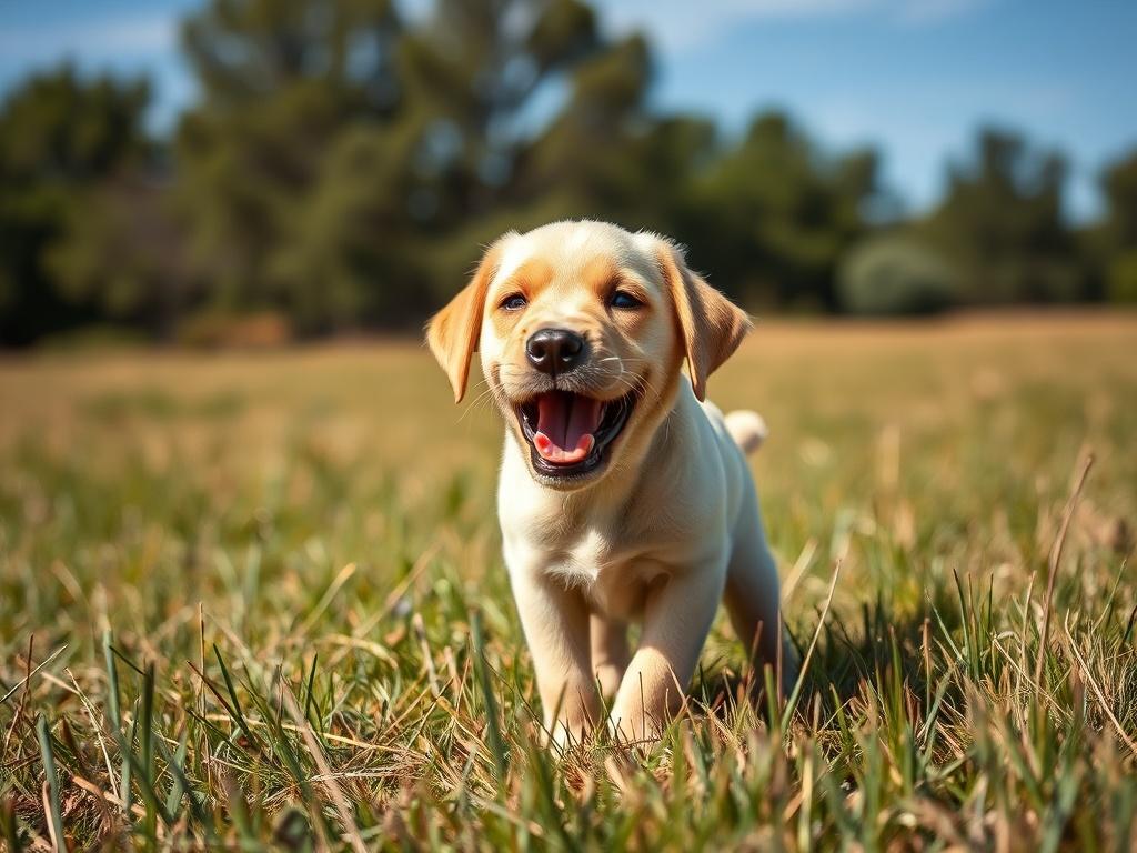 A high resolution of a playful Labrador Retriever puppy outdoors