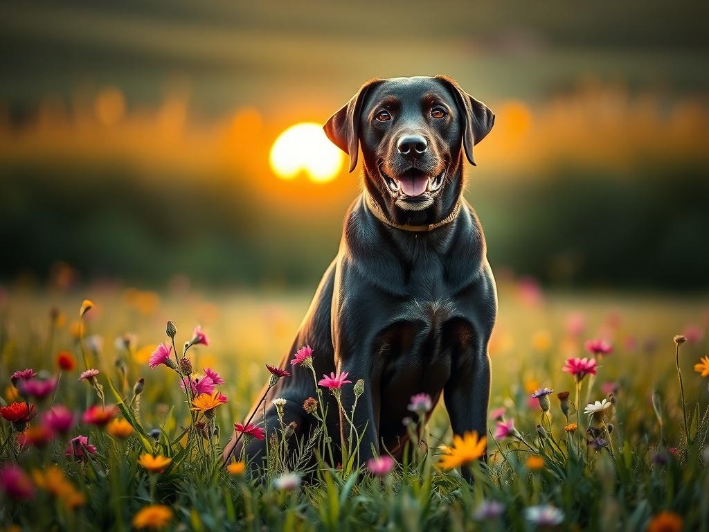A stunning Labrador Retriever sitting confidently in a lush green field, surrounded by vibrant wildflowers. The sun is setting in the background, casting a warm golden light over the scene, highlighting the dog's shiny coat and playful expression. The composition is simple, focusing solely on the Labrador, with a blurred background to emphasize the beauty of the dog and the natural setting.