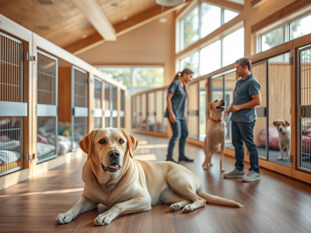 A welcoming dog boarding facility featuring spacious, clean kennels filled with cozy bedding and bright toys. The interior is designed with natural wood finishes and large windows allowing sunlight to flood in. In the foreground, a friendly Labrador is lounging comfortably, while a staff member interacts playfully with another dog. The background shows more kennels and an outdoor play area, creating a warm, inviting atmosphere that conveys safety and care for the dogs staying there.