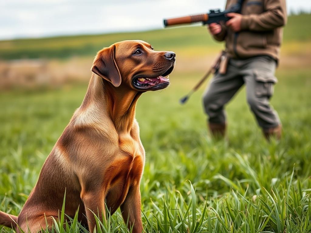A focused Labrador Retriever in the midst of a training session in a lush green field. The dog is poised and alert, showcasing its readiness to respond to commands. In the background, a trainer demonstrates techniques with a dummy launcher, illustrating the training process. The composition emphasizes the bond between the dog and the trainer, set against a natural landscape that highlights the outdoors, making it clear that this is a specialized training environment for hunting enthusiasts.