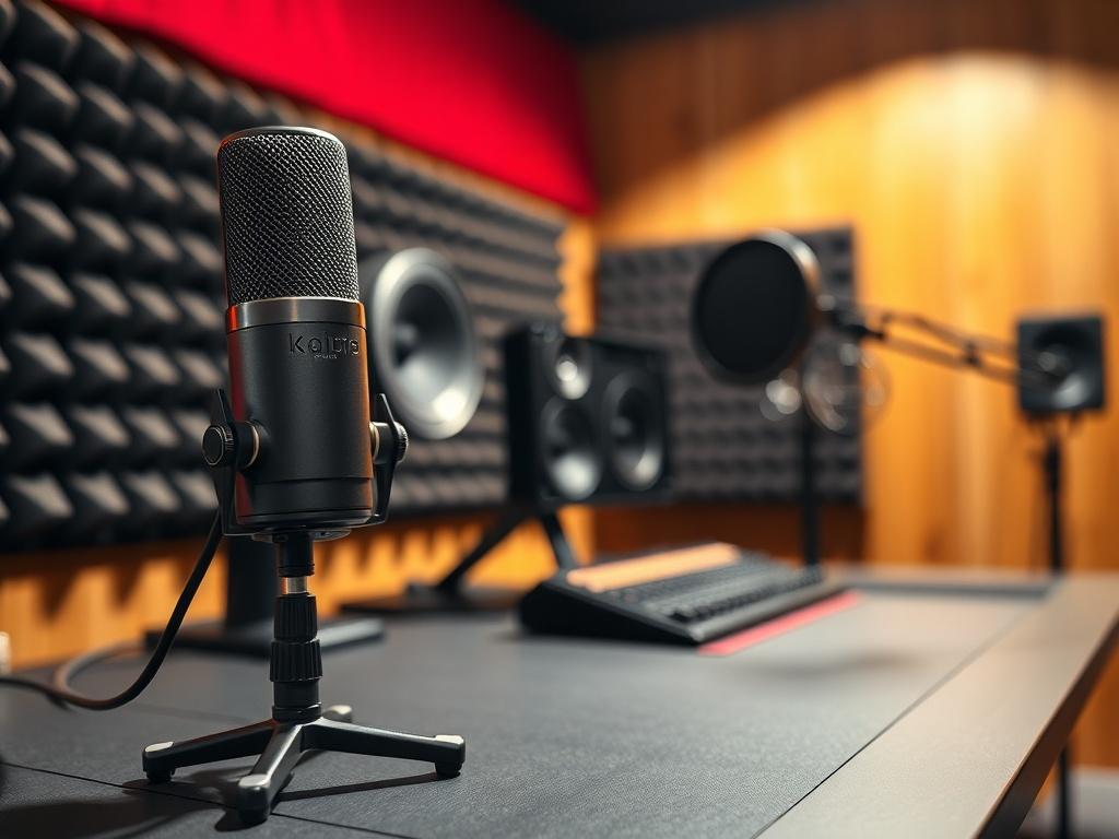 A close-up shot of a professional audio recording setup, featuring a high-quality microphone on a sleek desk with soundproofing panels in the background. The composition should be clear and focused, showcasing the microphone as the main subject. The background should be softly blurred to emphasize the main subject while maintaining a warm and inviting atmosphere, using colors that match rgb(85, 141, 151). The image should convey a sense of creativity and professionalism.