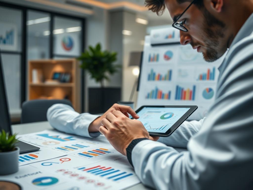 A high-resolution close-up of a researcher compiling survey results on a digital tablet, surrounded by charts and graphs, in a contemporary workspace, captured with a 45mm f/1.2 lens, focusing on the researcher’s concentration and the vibrant colors of the data.