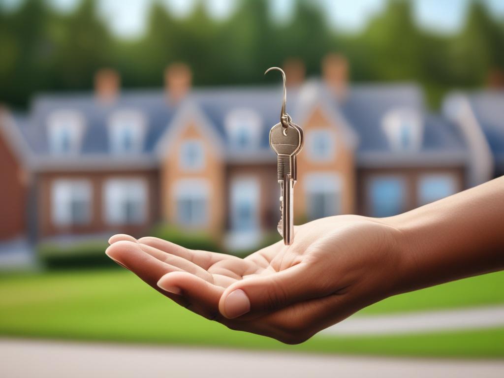 A hyper-realistic close-up image of a confident South African individual holding a set of house keys with a soft-focus background of a welcoming residential neighborhood. Shot with a 45mm f/1.2 lens style, emphasizing sharp detail on the subject's hands and keys, with natural daylight highlighting the green tones matching rgb(50, 170, 39). The composition is simple and clear, with the subject centered and no distracting elements in the background.