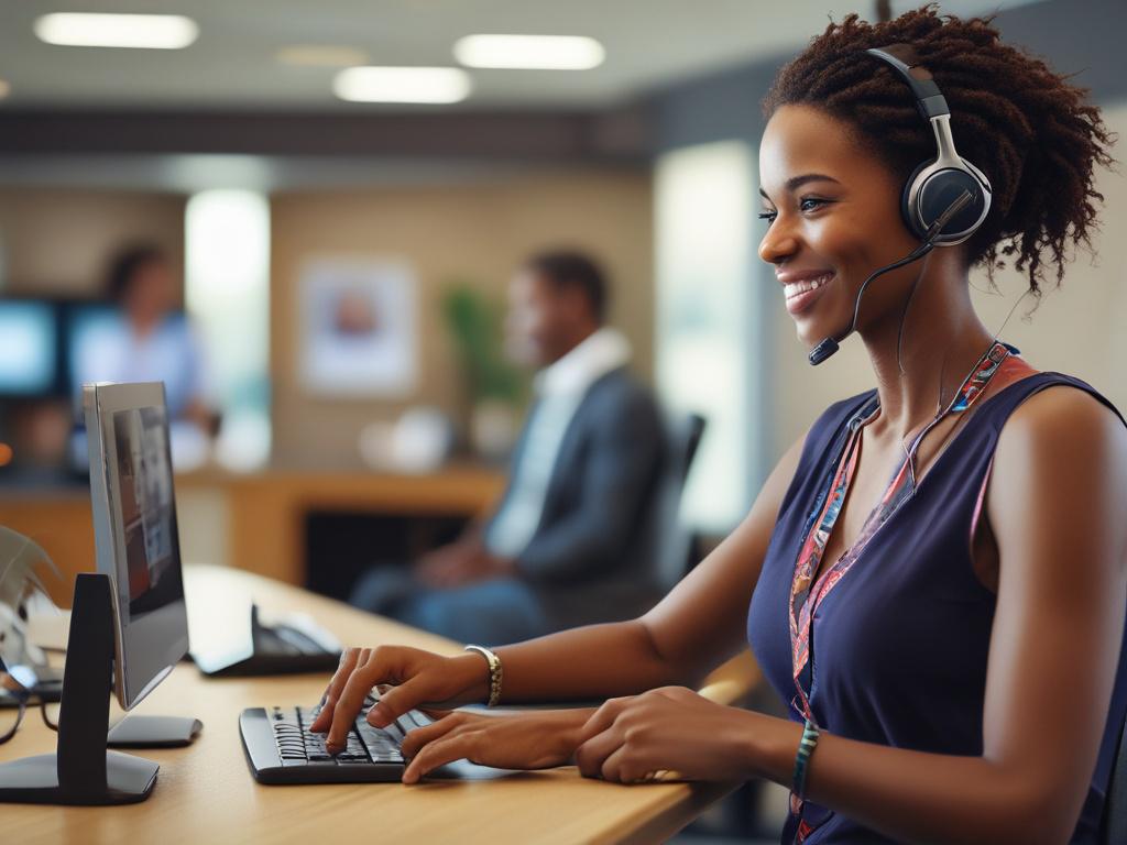 A hyper-realistic close-up image of a friendly South African woman at a reception desk, wearing a headset and smiling while engaging with a customer. Shot with a 45mm f/1.2 lens style, the background subtly includes the interior of a modern office, with green accents matching rgb(50, 170, 39). The composition focuses on the woman's warm expression and professionalism.