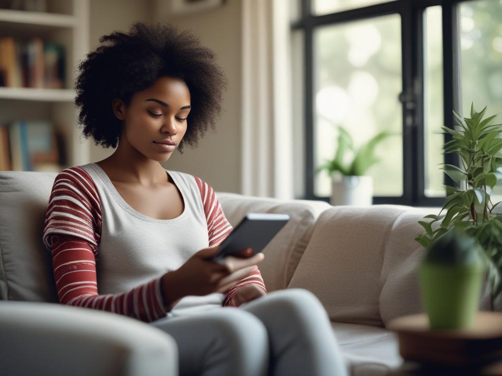 A hyper-realistic close-up photo of a young South African woman reading an article on a tablet in a cozy, modern living room. The image is shot with a 45mm f/1.2 lens style, focusing on her engaged expression with a softly blurred background featuring green accents matching rgb(50, 170, 39).