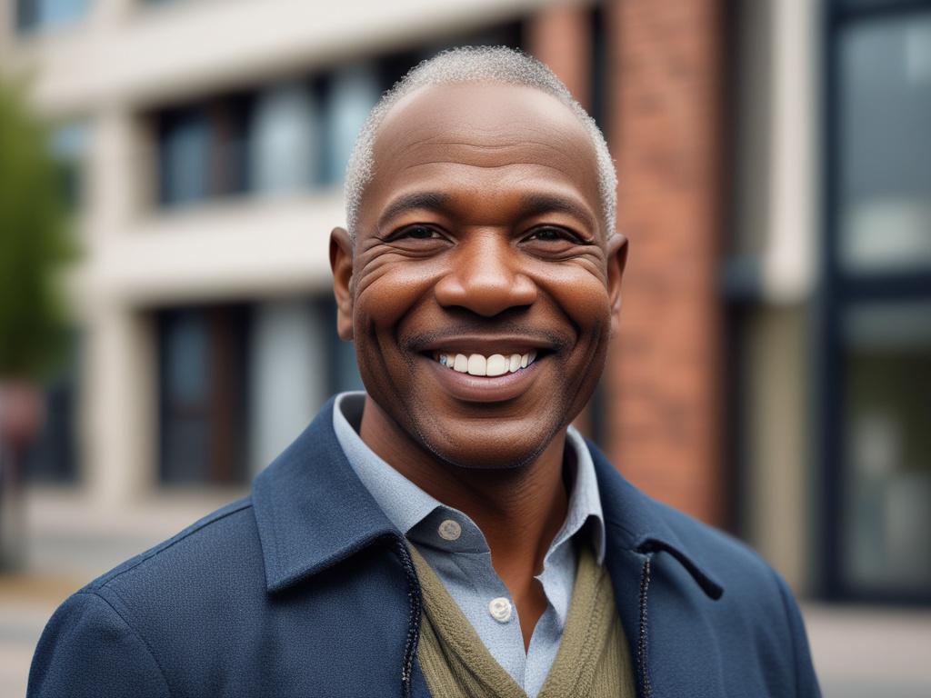 A close-up shot of a confident middle-aged South African man smiling warmly, standing outside a modern residential building. The photo is hyper-realistic, shot with a 45mm f/1.2 lens style, emphasizing sharp focus on the man's face with a soft background of the building. The overall color tone complements rgb(50, 170, 39) as the primary color.