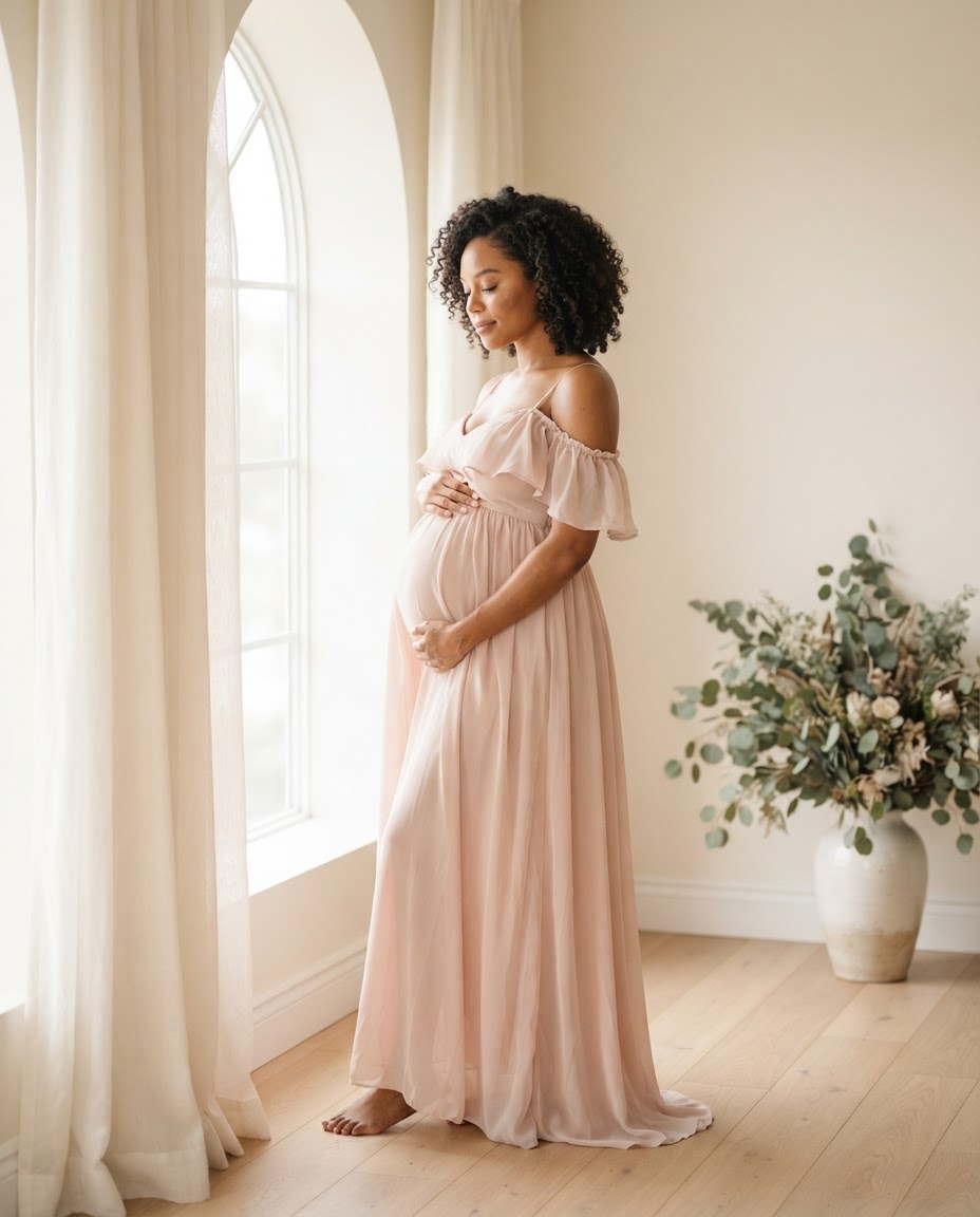 An expecting mother in a flowing blush gown stands beside an arched window with one hand above and one below her bump.