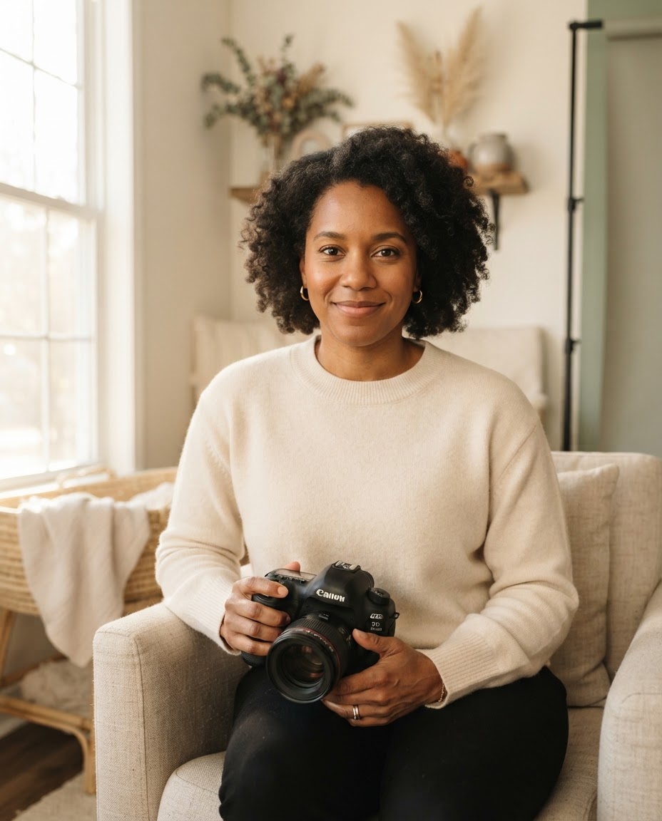 Amara Joseph holding her camera in her sunlit Raleigh studio