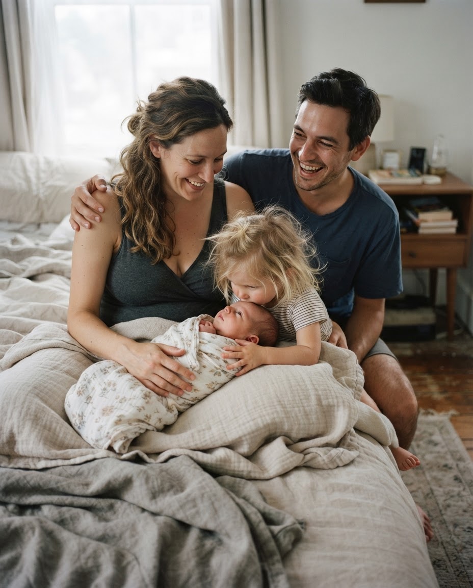 A toddler leans in to kiss her newborn sibling while her parents laugh on a linen bed.
