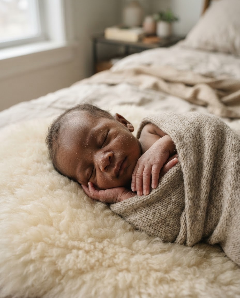 A newborn sleeps safely wrapped in a cream knit on a thick wool blanket beside soft window light.