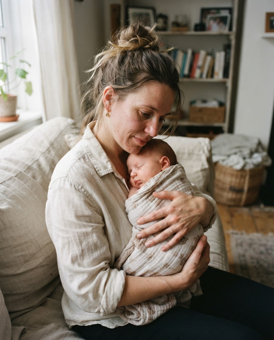 A parent in cream linen securely cradles a sleeping newborn, with the baby's head fully supported.