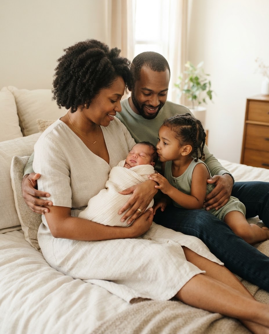 A mother holds her swaddled newborn while the baby's father and toddler lean in for a gentle kiss.