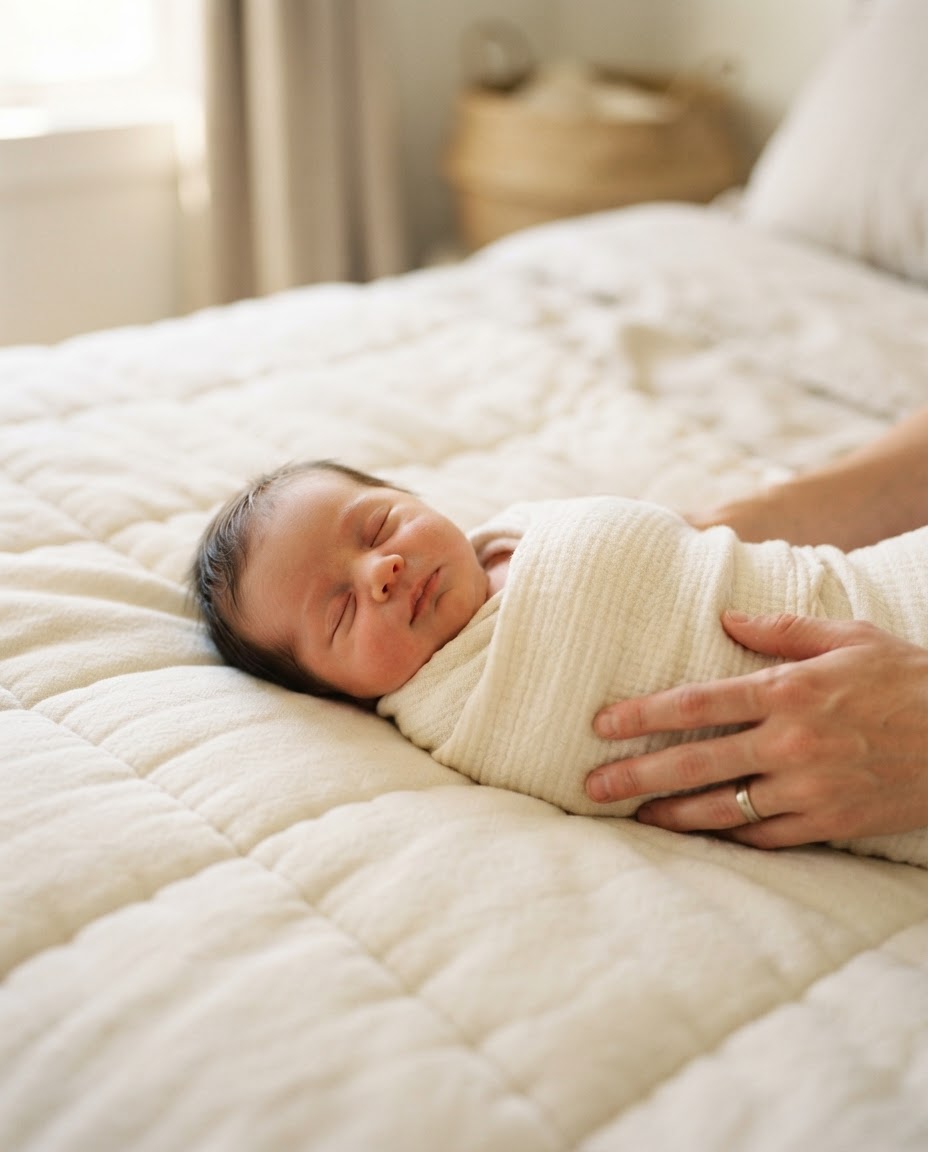 A small newborn sleeps on their back, securely swaddled on a thick soft cream quilt in golden morning light.