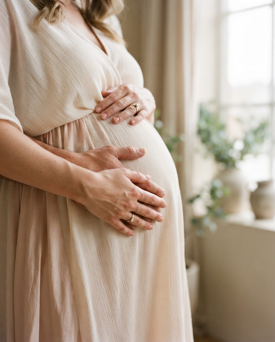 A couple's hands rest together over an expecting mother's belly, framed by soft cream and blush fabric.